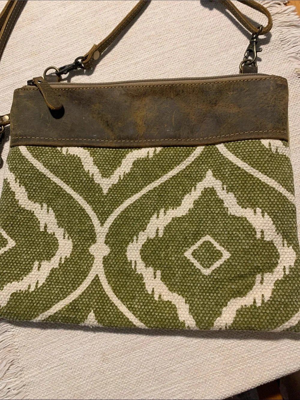 Myra Bag Crossbody purse Olive Green Design w/Brown Leather